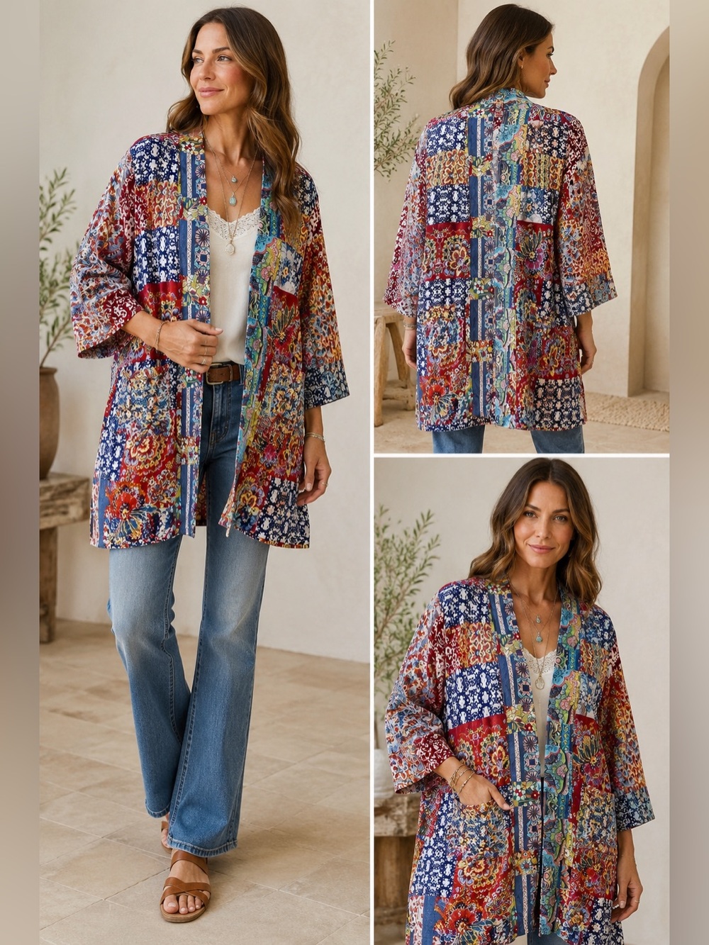 Johnny Was Multicolor Patchwork Floral Print Top
